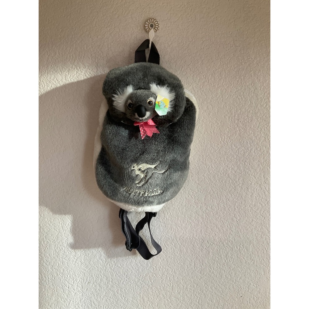 Softoi Australia Koala Plush Backpack Grey Faux Fur Kangaroo Souvenir Bag NWT
